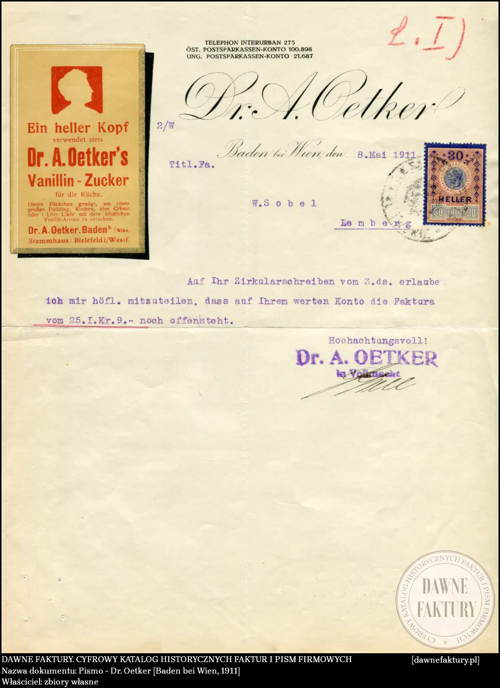 Pismo - Dr. Oetker [Baden bei Wien, 1911]