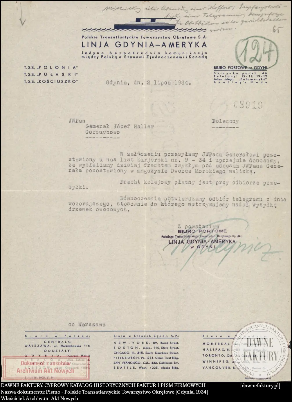 Pismo - Polskie Transatlantyckie Towarzystwo Okrętowe [Gdynia, 1934]
