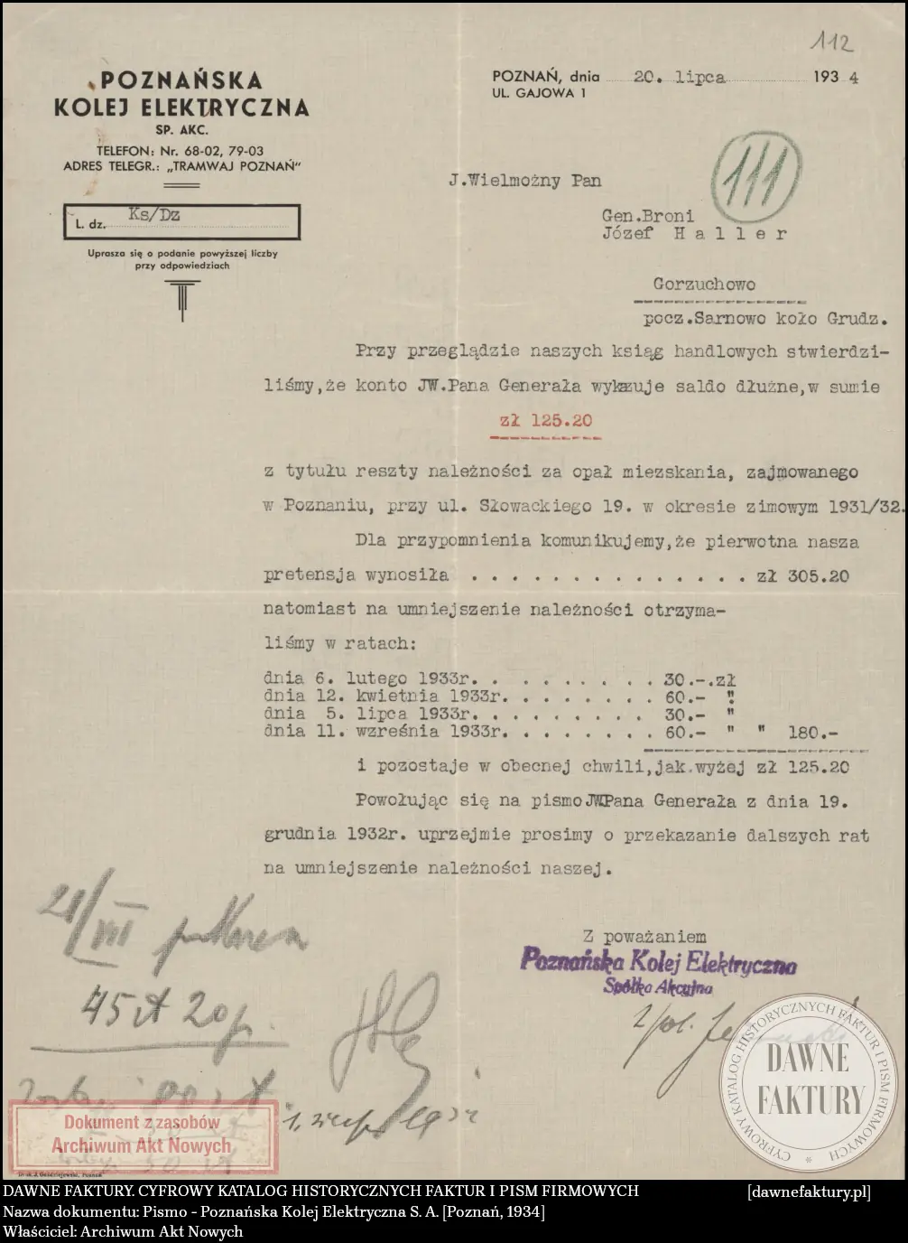 Pismo - Poznańska Kolej Elektryczna S. A. [Poznań, 1934]
