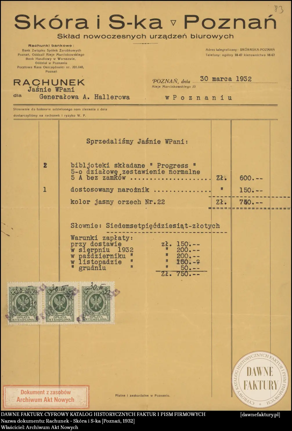 Rachunek - Skóra i S-ka [Poznań, 1932]