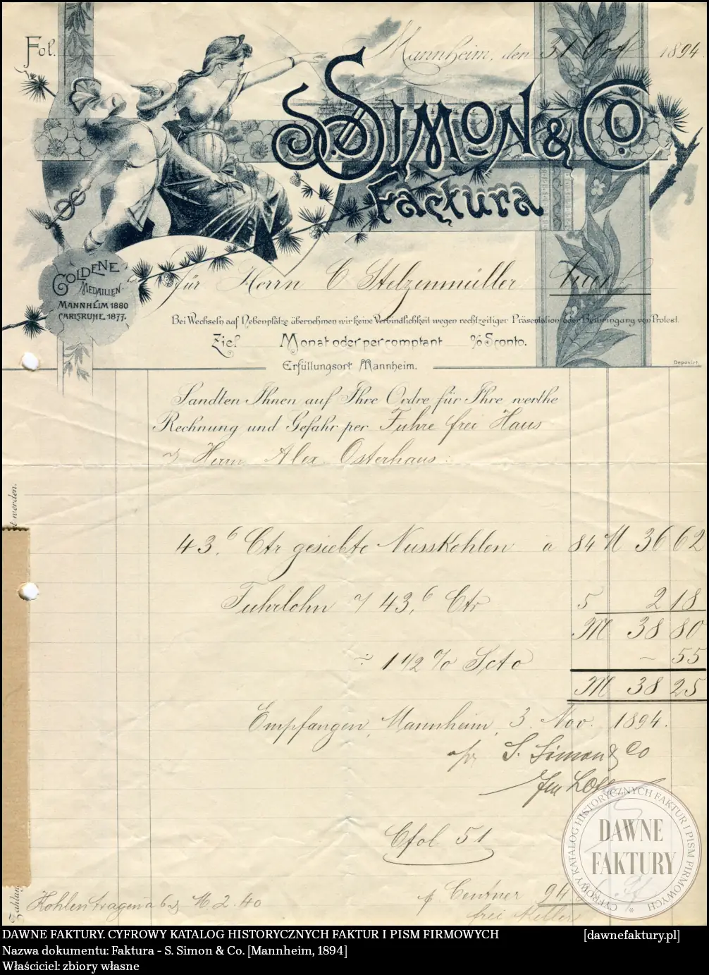 Faktura - S. Simon & Co. [Mannheim, 1894]