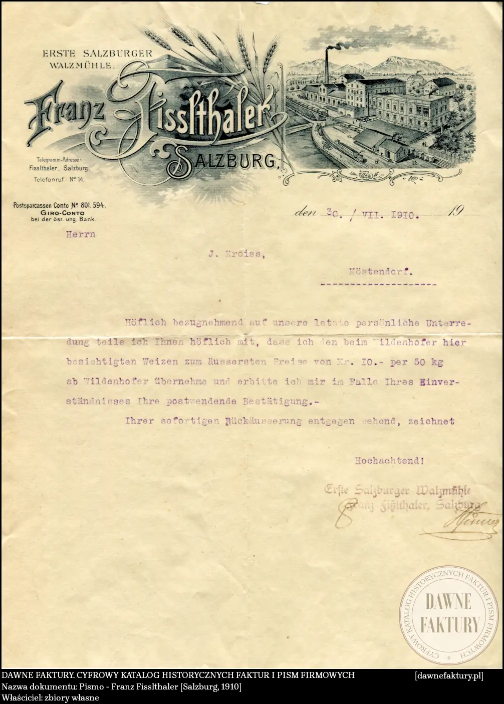 Pismo - Franz Fisslthaler [Salzburg, 1910]