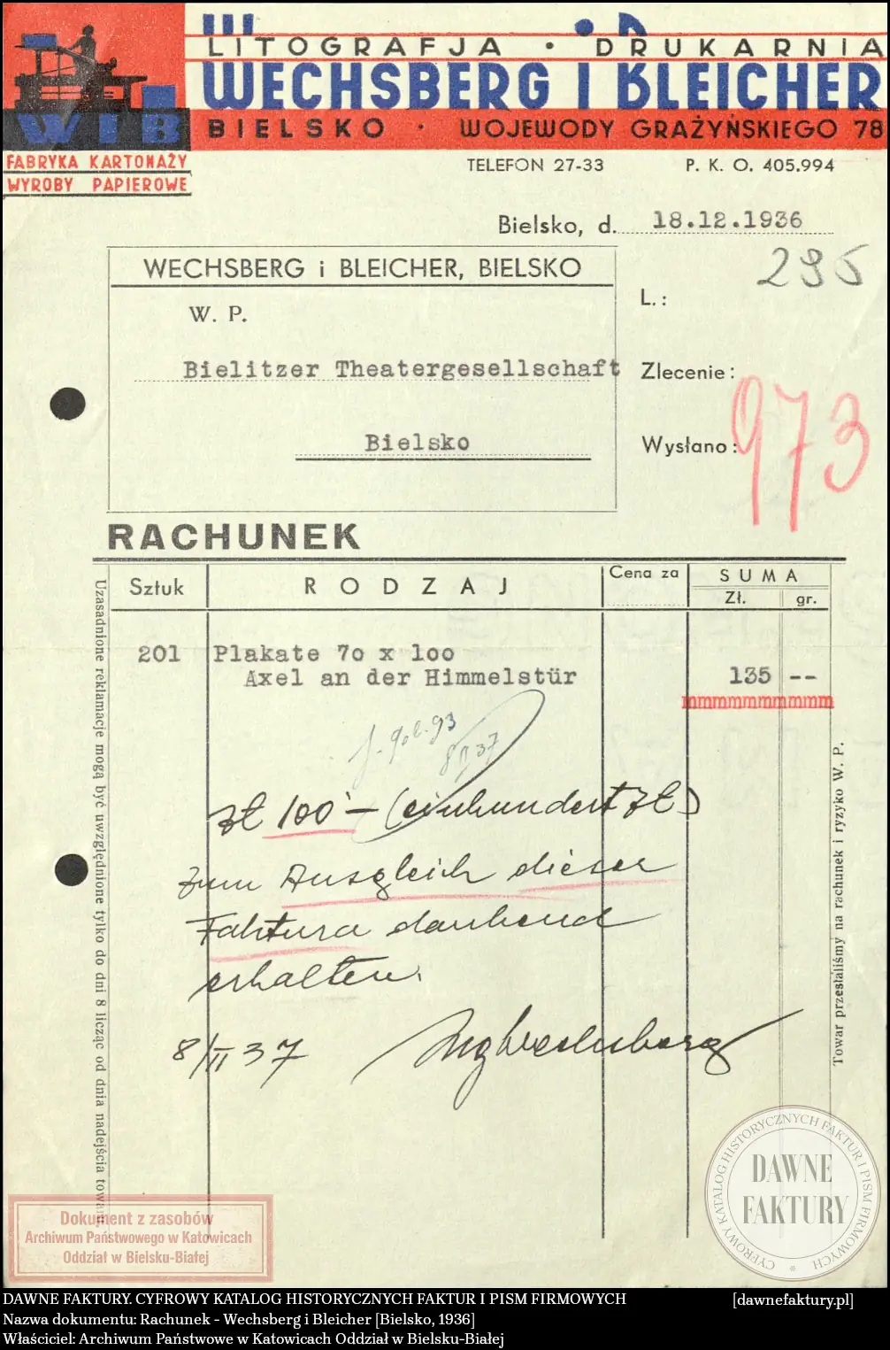 Rachunek - Wechsberg i Bleicher [Bielsko, 1936]
