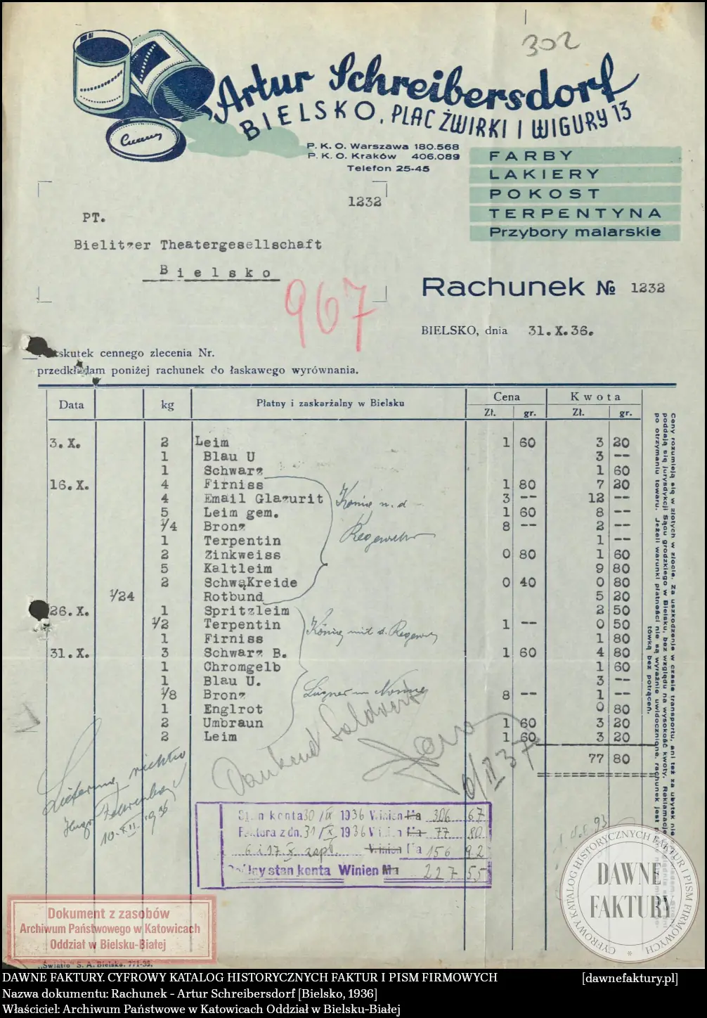Rachunek - Artur Schreibersdorf [Bielsko, 1936]